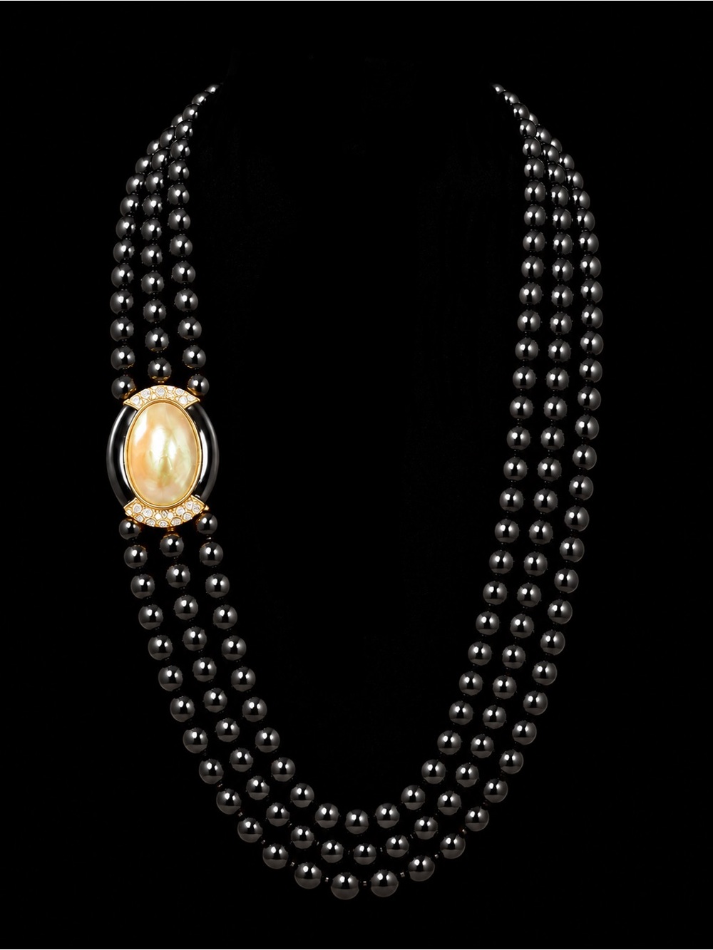 Black Pearl Triple-Strand Necklace with Gold Accent